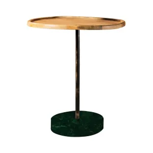 26 Inch Modern Accent Table, Round Tray Top, Dark Green Marble Base, Brown By Casagear Home