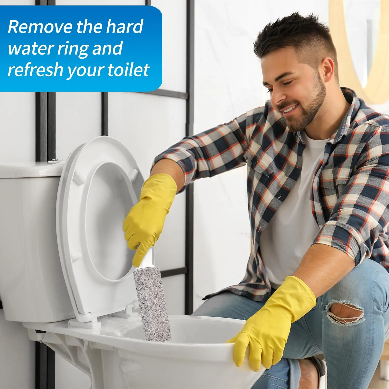 4TH Pumice Stone for Toilet Bowl Cleaning,Scouring Stick with Handle,Powerfully Away Limescale Stain,Hard Water Ring, Calcium Buildup,Iron,Rust.Remover for Tile Bath-tub - 2 Pack Gray