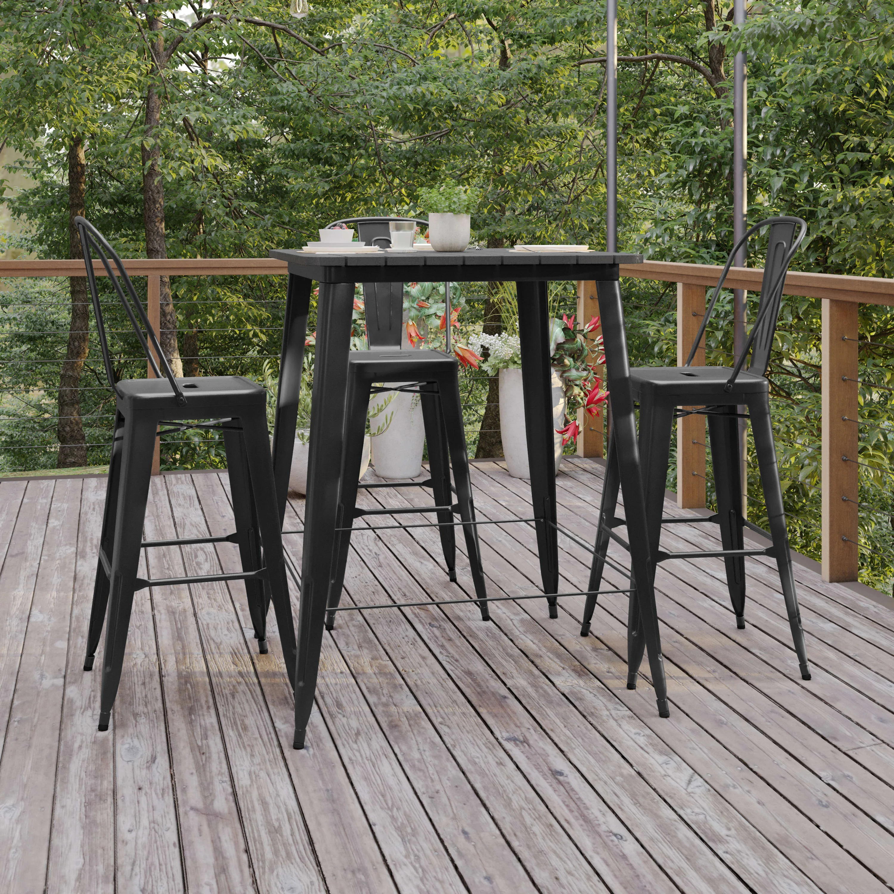 Declan Commercial Indoor/Outdoor Bar Top Table, 31.5" Square All Weather Poly Resin Top with Steel base