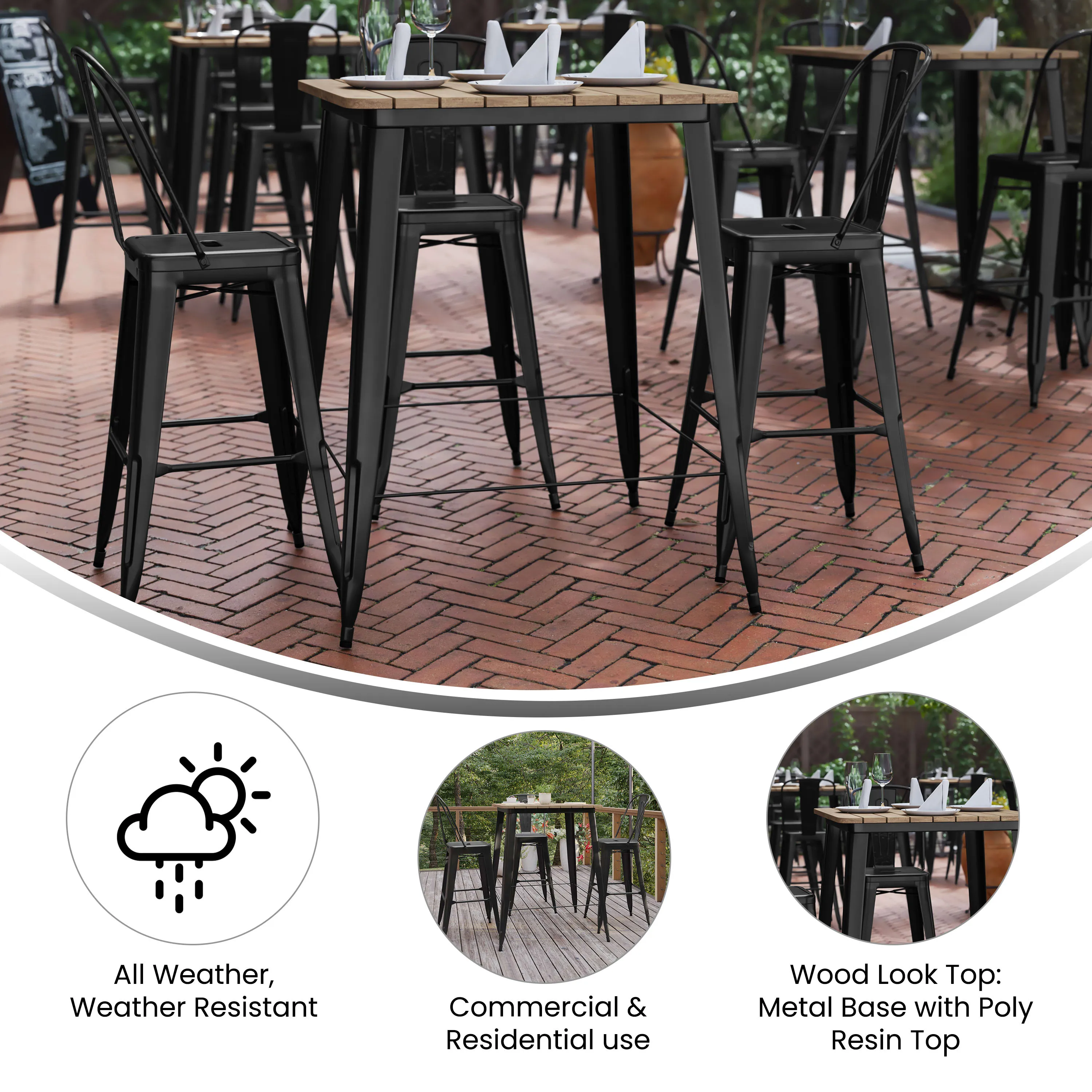 Declan Commercial Indoor/Outdoor Bar Top Table, 31.5" Square All Weather Poly Resin Top with Steel base