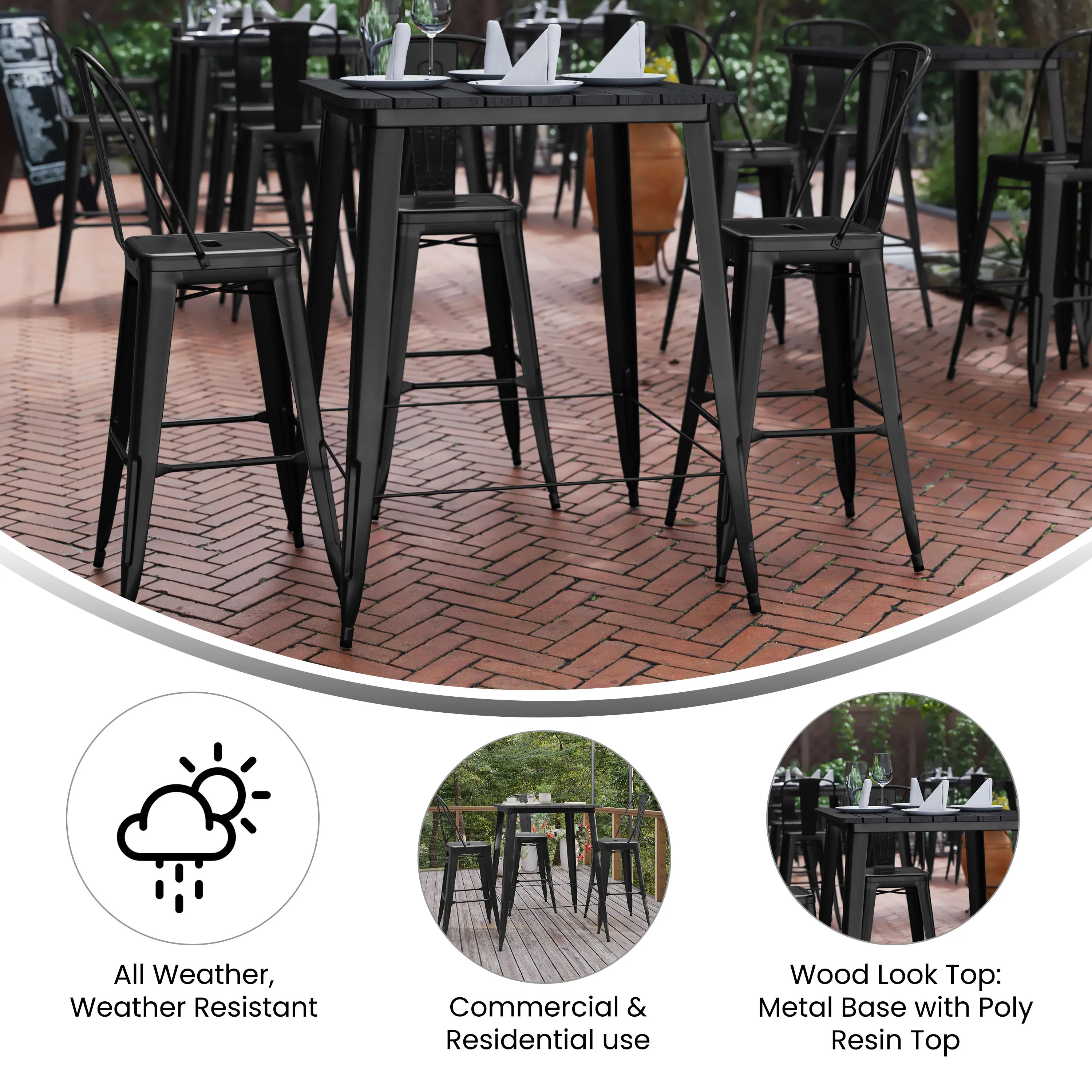 Declan Commercial Indoor/Outdoor Bar Top Table, 31.5" Square All Weather Poly Resin Top with Steel base