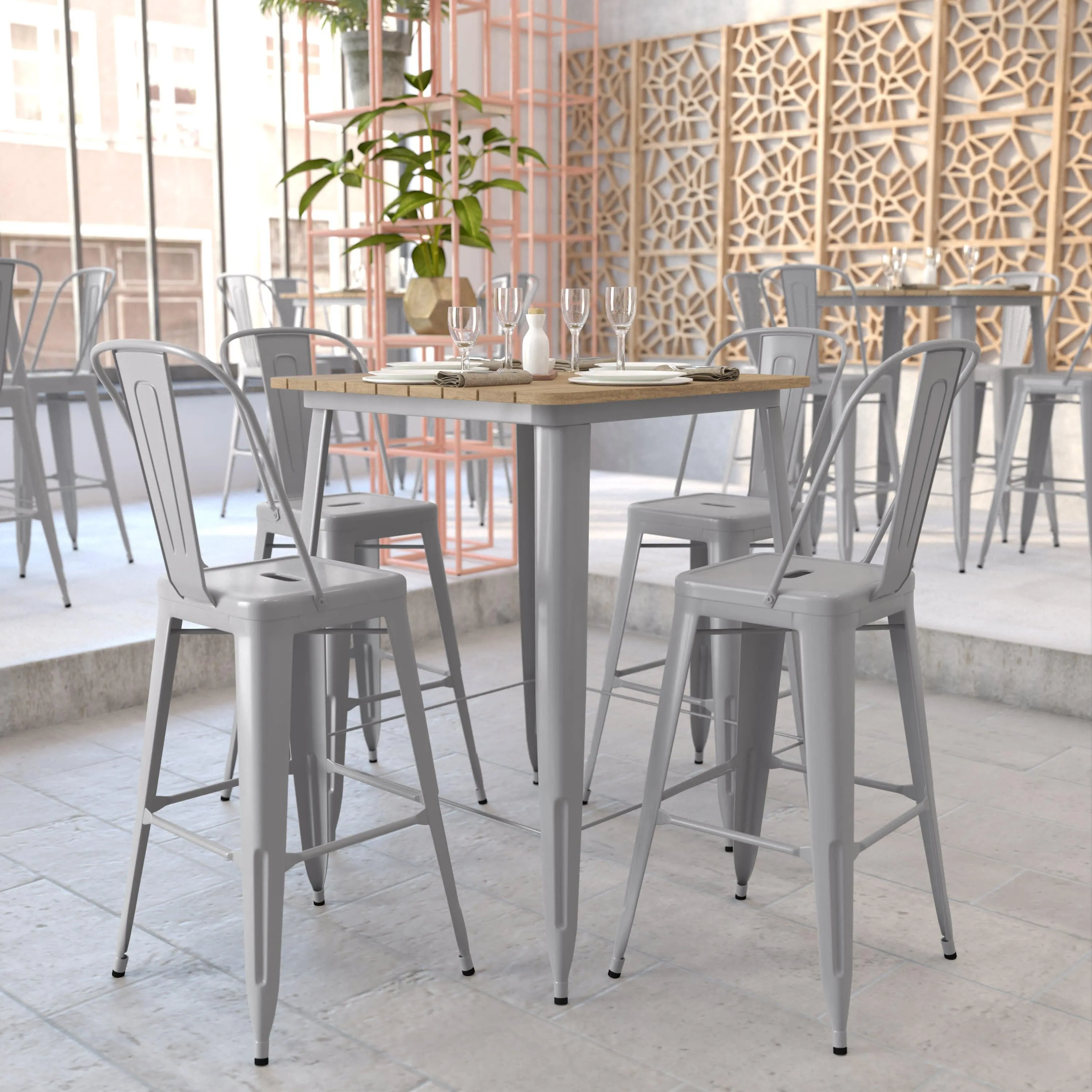 Declan Commercial Indoor/Outdoor Bar Top Table, 31.5" Square All Weather Poly Resin Top with Steel base