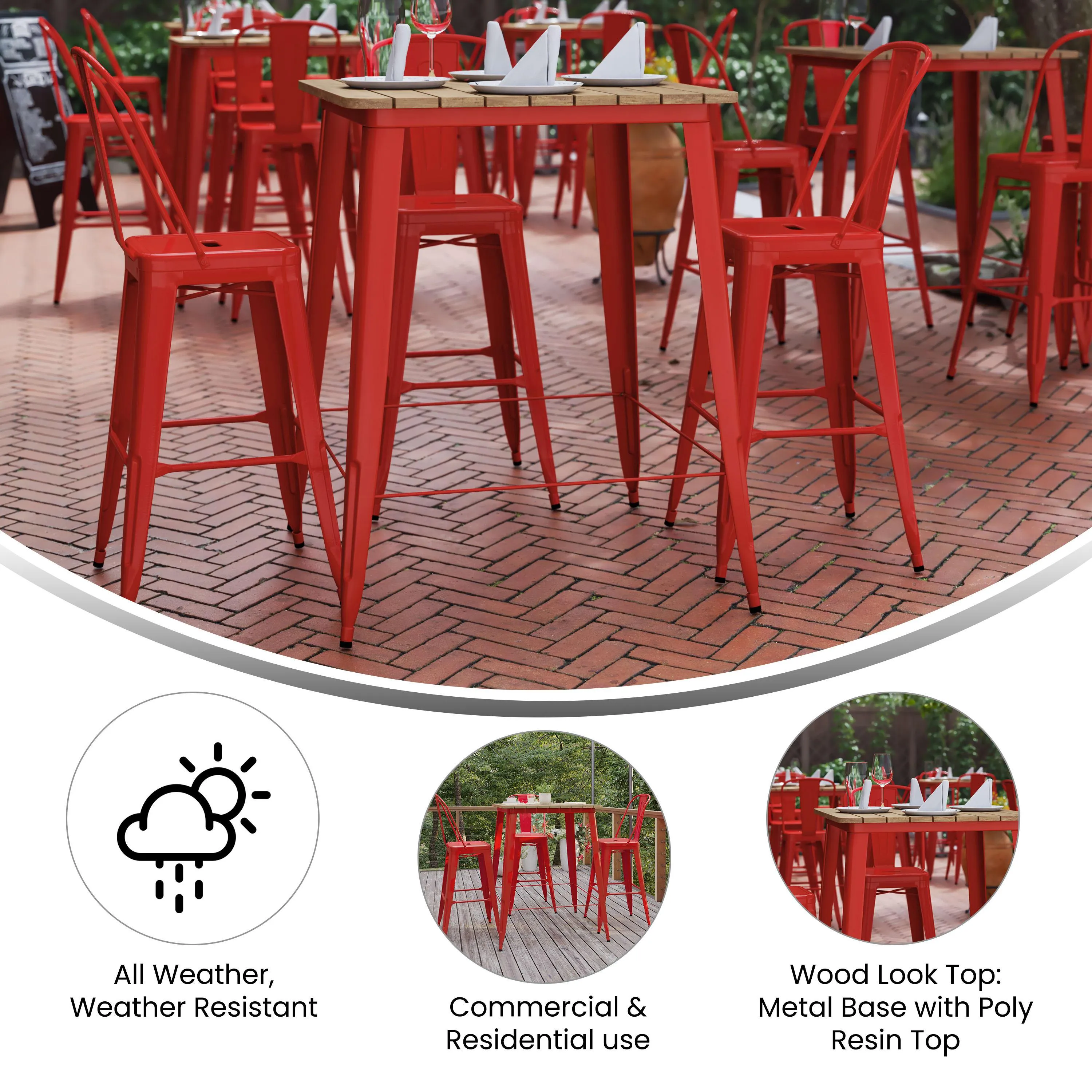 Declan Commercial Indoor/Outdoor Bar Top Table, 31.5" Square All Weather Poly Resin Top with Steel base