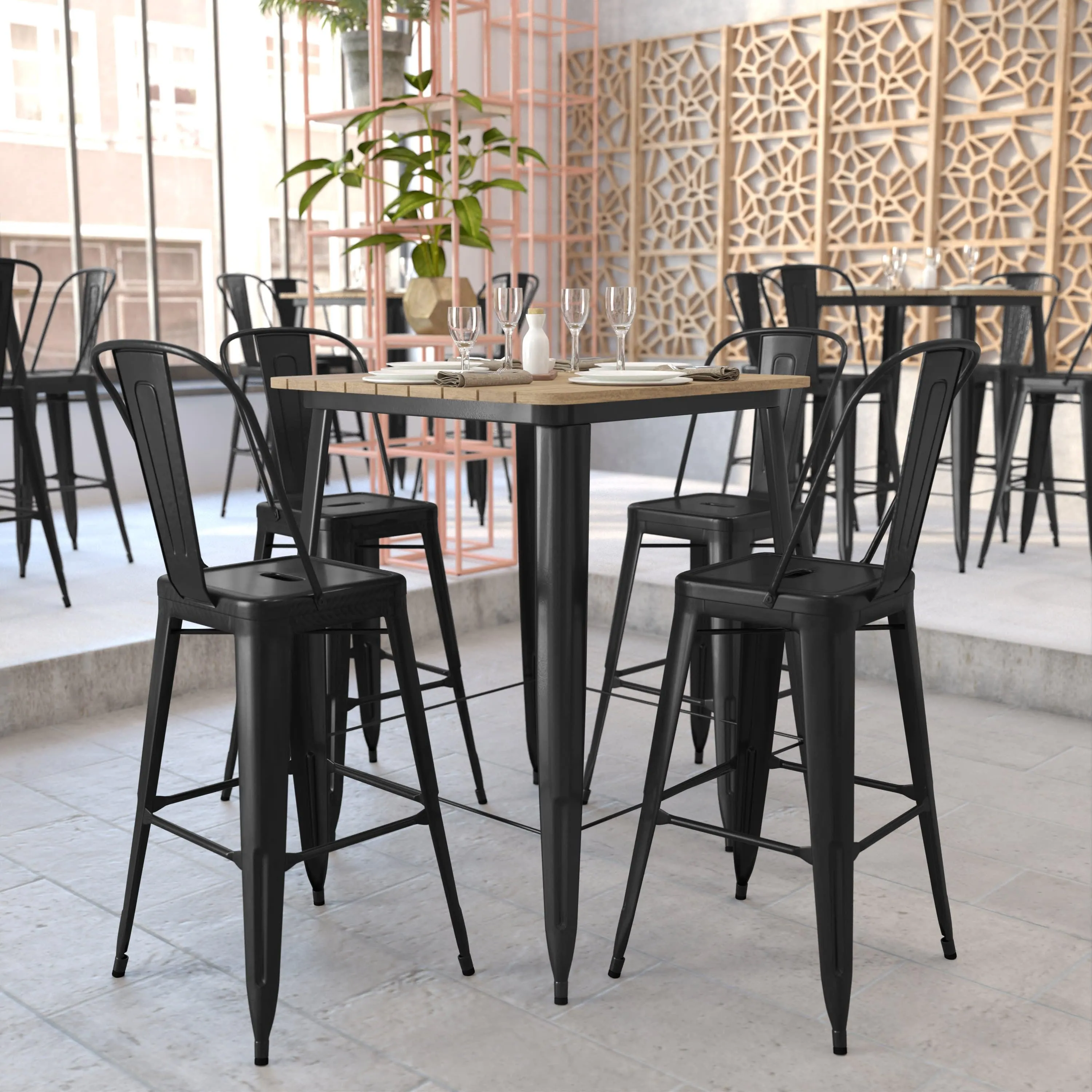 Declan Commercial Indoor/Outdoor Bar Top Table, 31.5" Square All Weather Poly Resin Top with Steel base