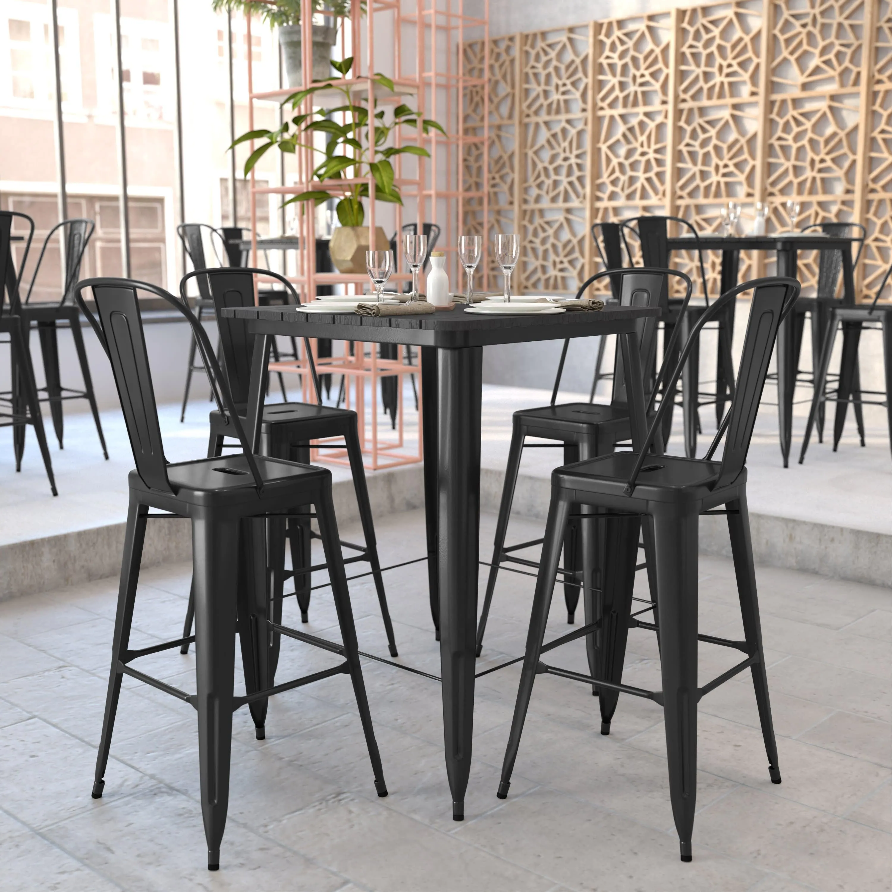 Declan Commercial Indoor/Outdoor Bar Top Table, 31.5" Square All Weather Poly Resin Top with Steel base