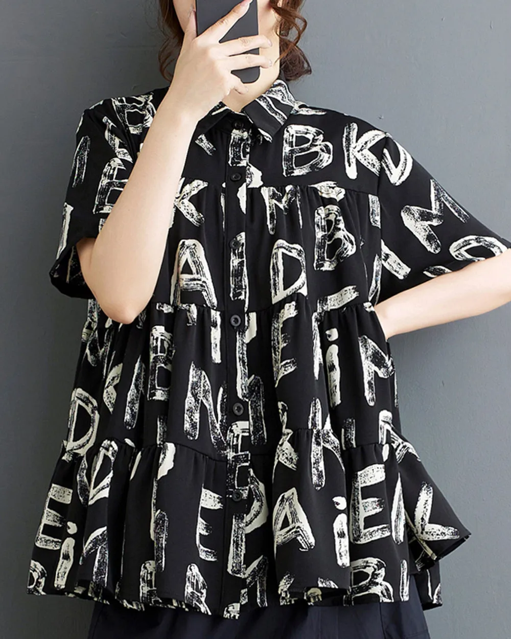 ellazhu Black Blouses for Women Mutiple Letter Button Down Lapel Shirt GZ199