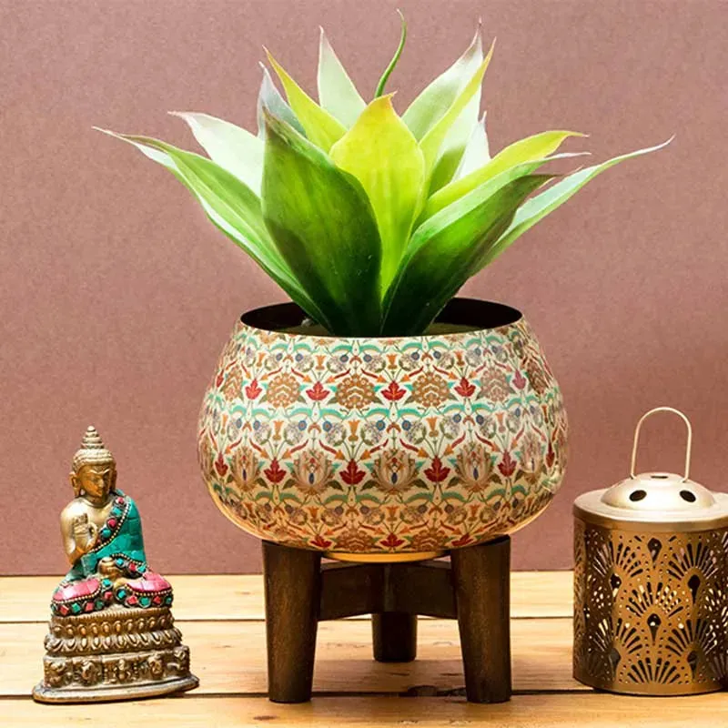 Indian Summer Floral Print Planter with Wooden Stand | Plant Not Included