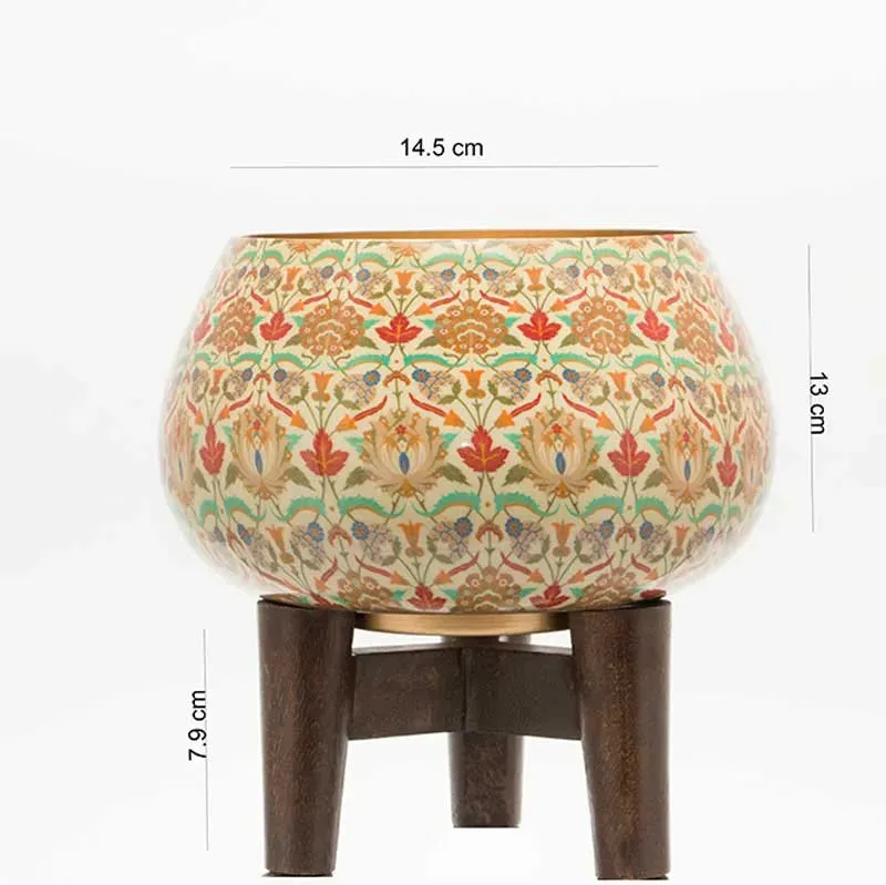 Indian Summer Floral Print Planter with Wooden Stand | Plant Not Included
