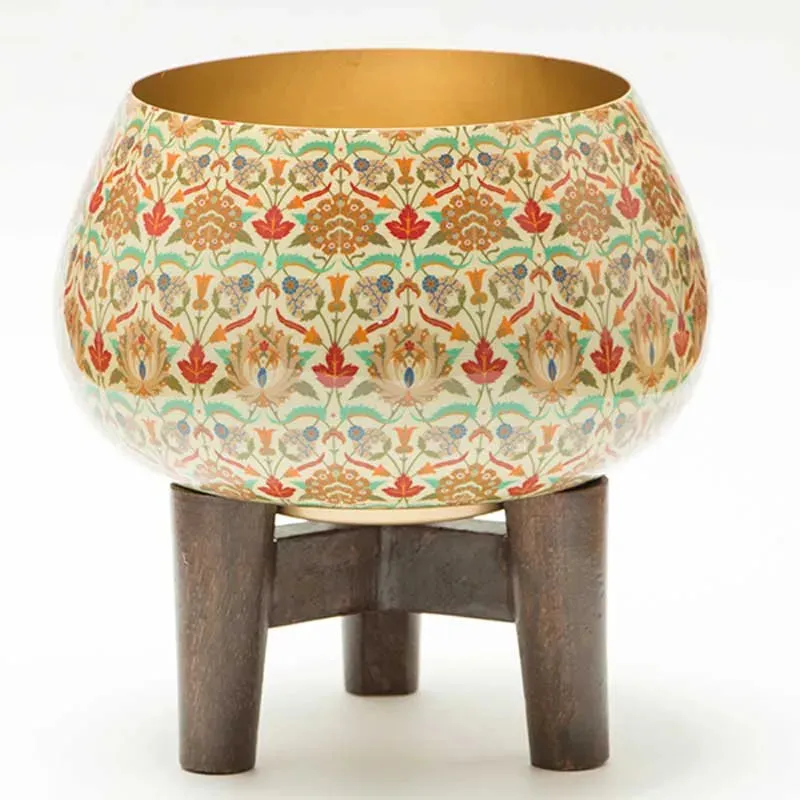 Indian Summer Floral Print Planter with Wooden Stand | Plant Not Included