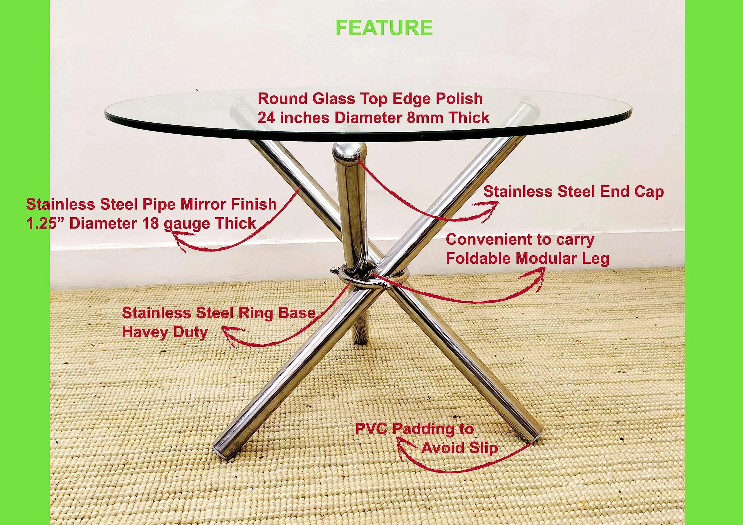 Living Room Center Coffee Sofa Tea Table Stainless Steel (Hydra/Tripod) Table with Round Glass Top (8mm) Size 24x24x17 inches