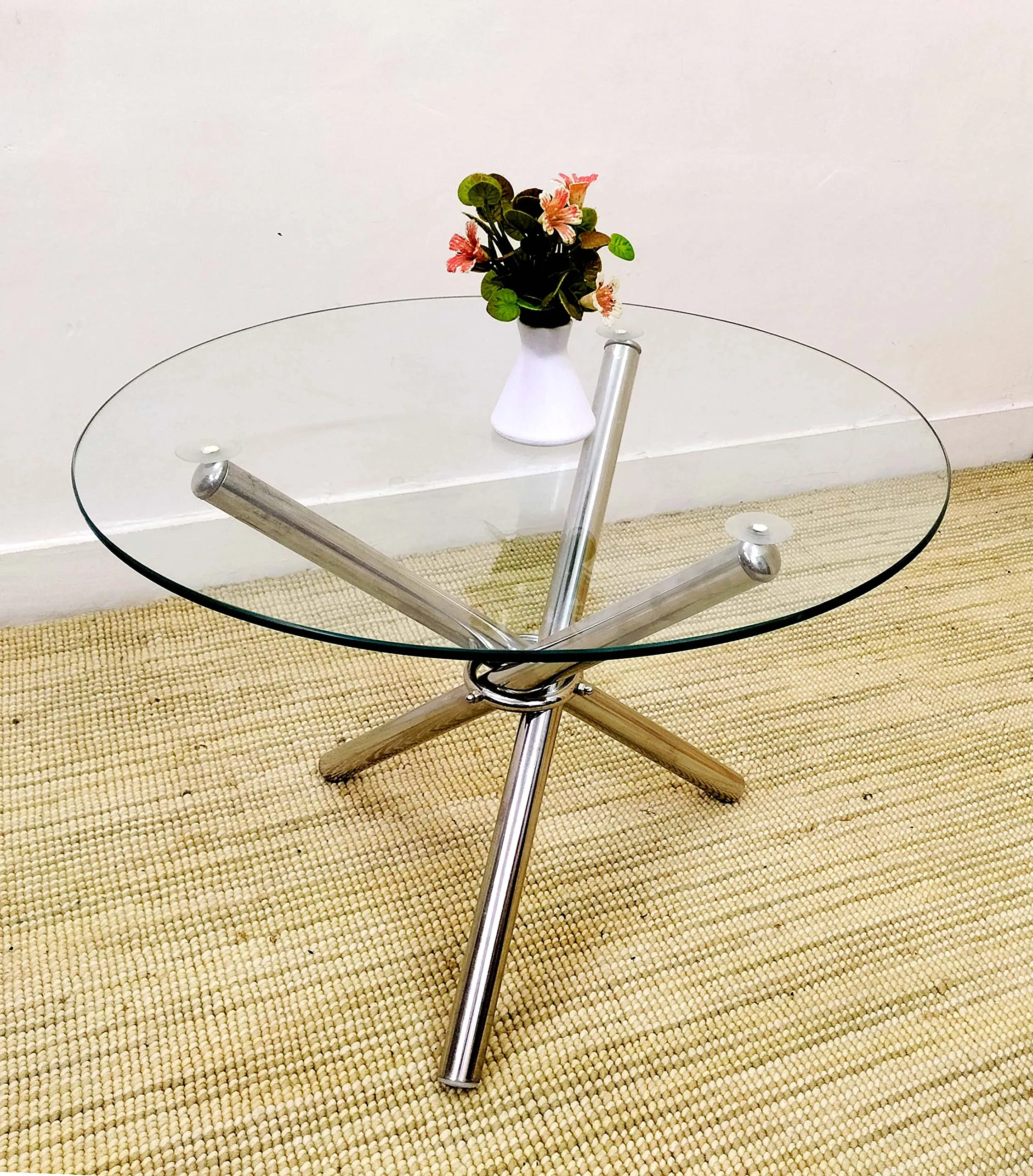 Living Room Center Coffee Sofa Tea Table Stainless Steel (Hydra/Tripod) Table with Round Glass Top (8mm) Size 24x24x17 inches