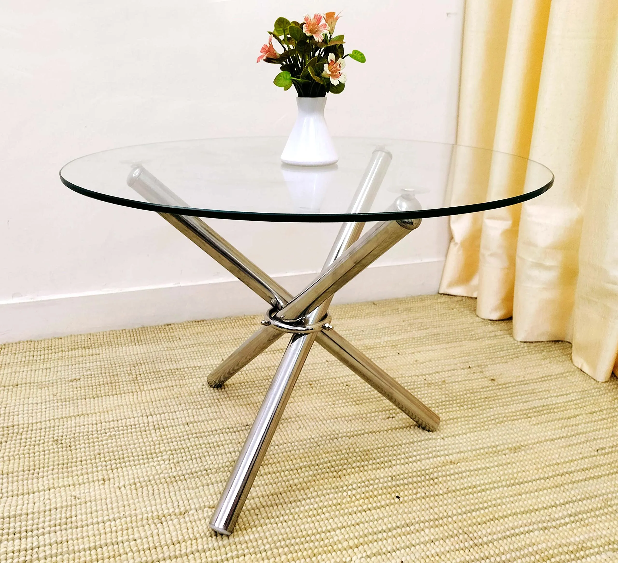 Living Room Center Coffee Sofa Tea Table Stainless Steel (Hydra/Tripod) Table with Round Glass Top (8mm) Size 24x24x17 inches