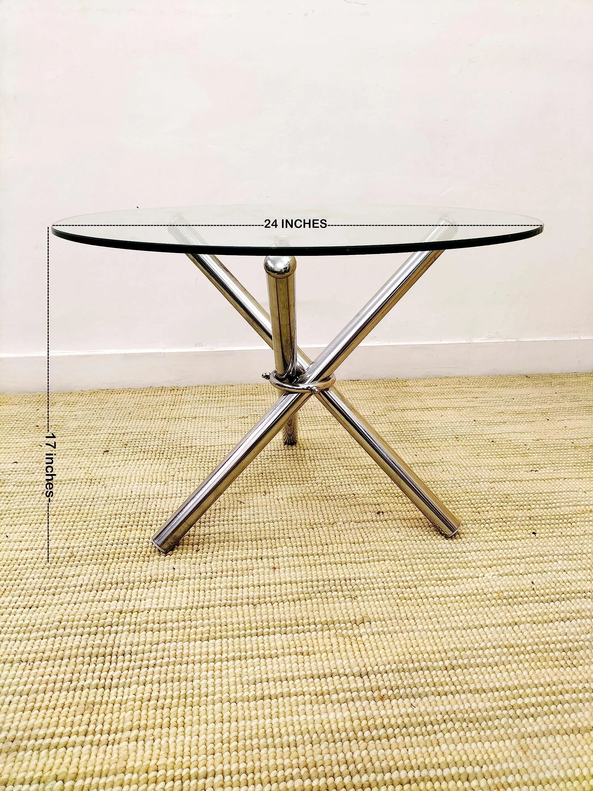 Living Room Center Coffee Sofa Tea Table Stainless Steel (Hydra/Tripod) Table with Round Glass Top (8mm) Size 24x24x17 inches