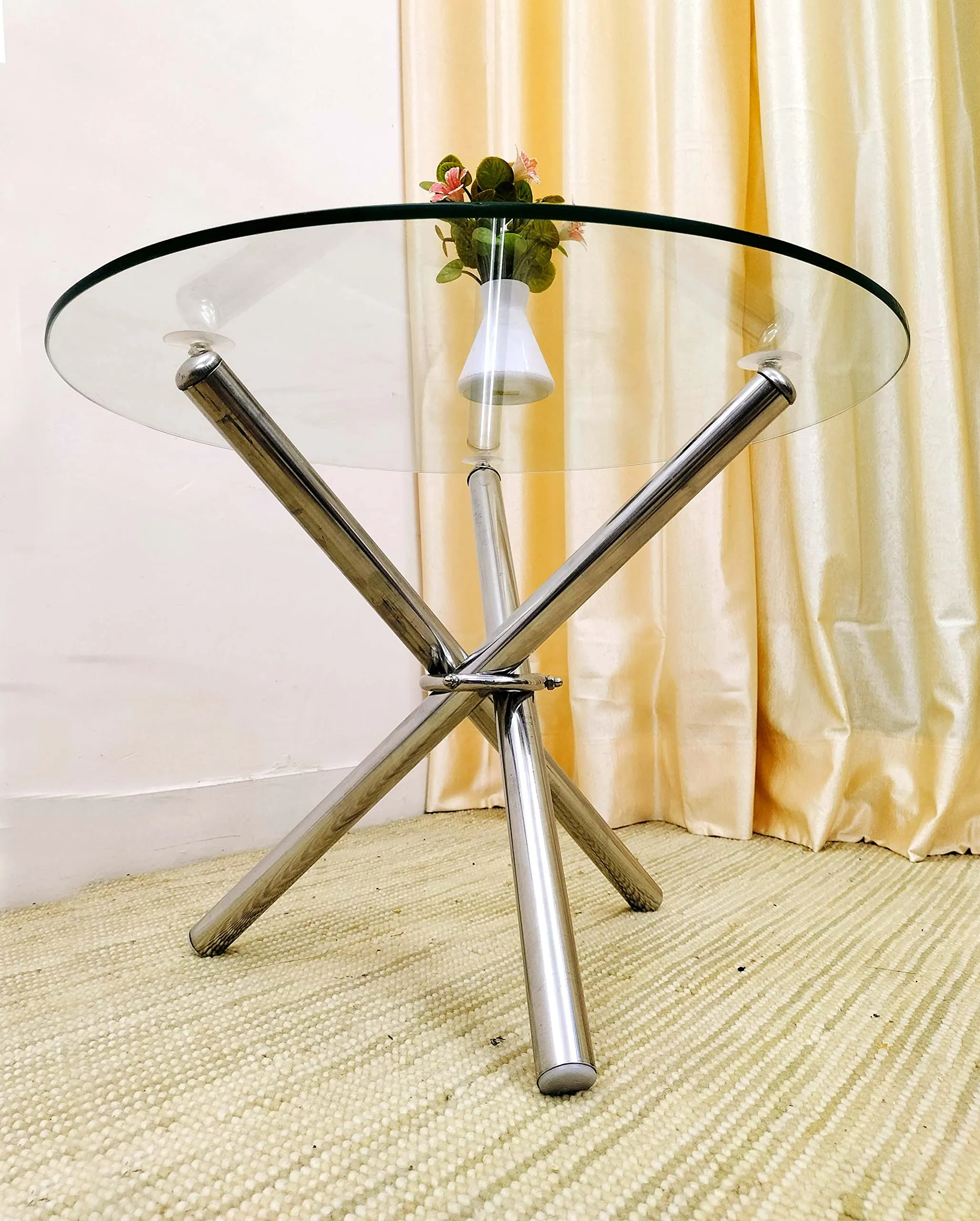 Living Room Center Coffee Sofa Tea Table Stainless Steel (Hydra/Tripod) Table with Round Glass Top (8mm) Size 24x24x17 inches