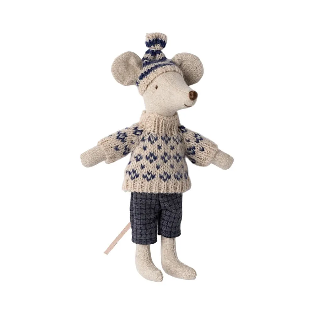 Maileg Winter mouse with ski set, Dad - Blue