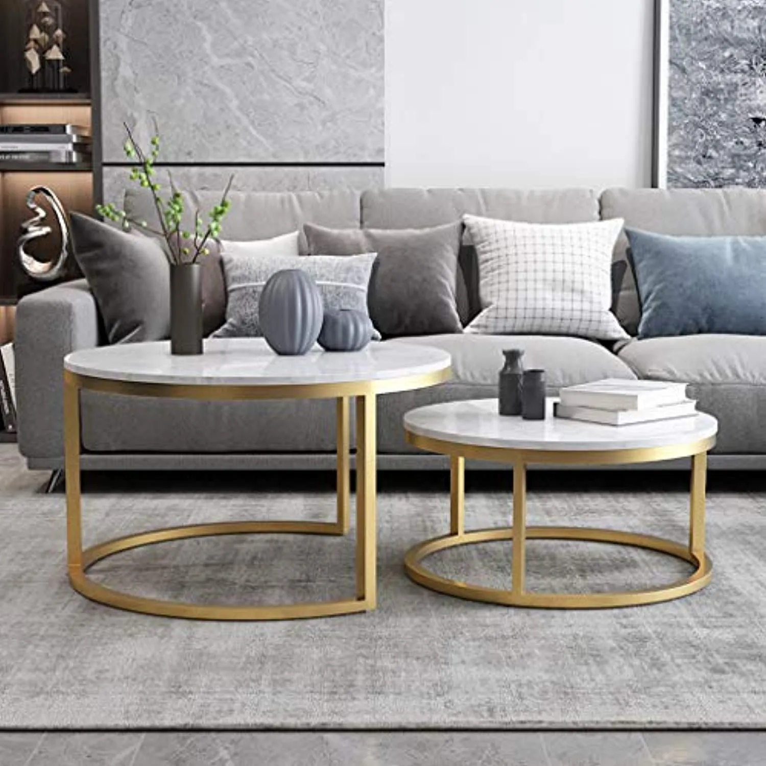 Nesting Coffee End Tables - Gold and White