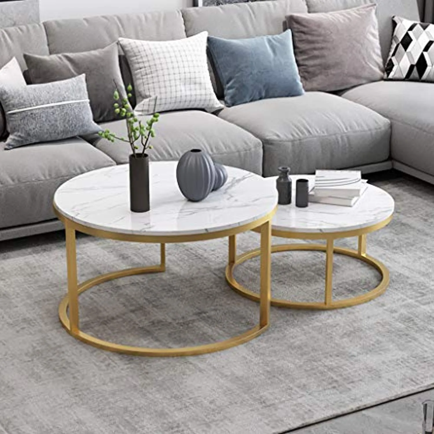 Nesting Coffee End Tables - Gold and White
