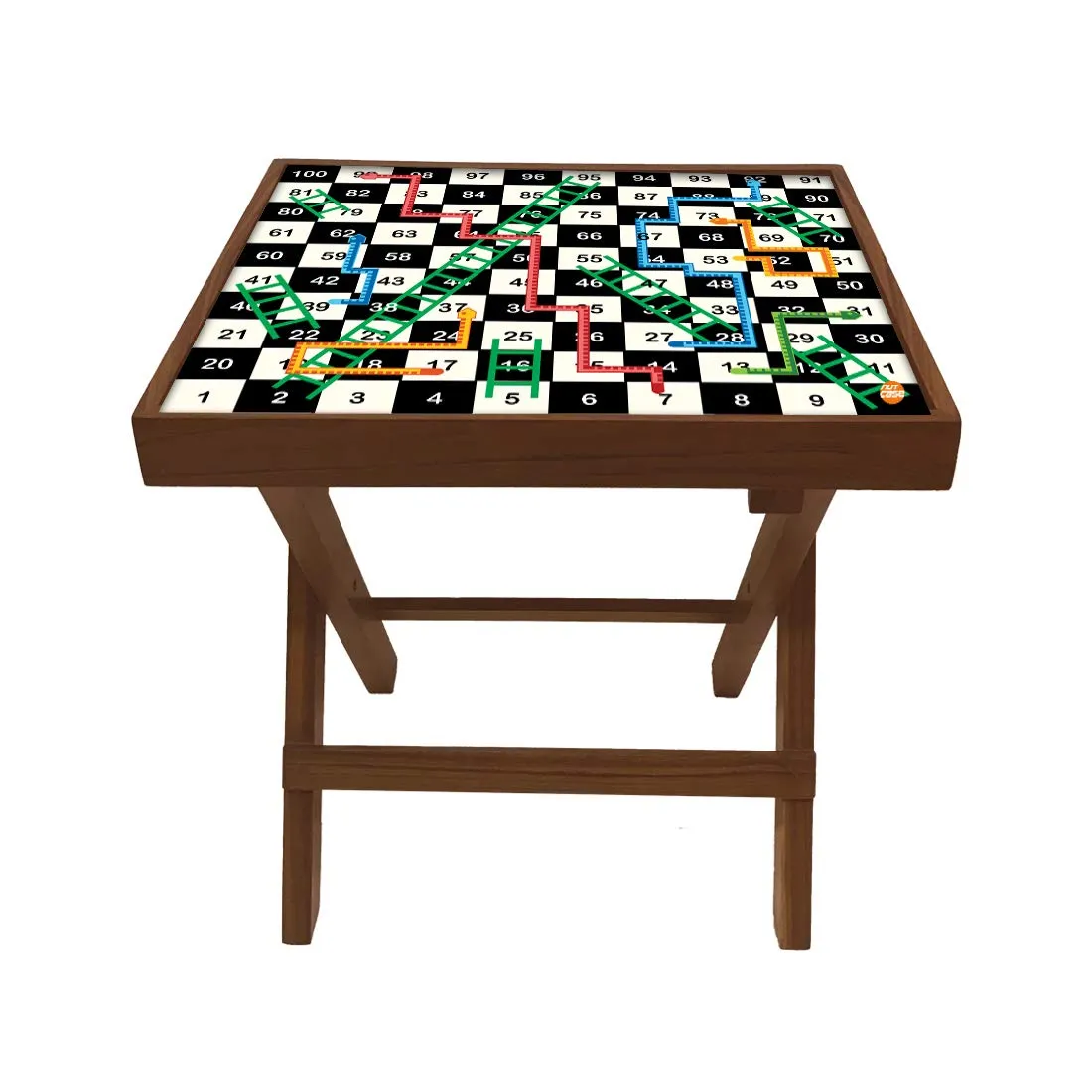 Nutcase Designer Teak Wood Side Table Folding Wooden Bedside Coffee Outdoor Picnic Table - Snakes and Ladder Board Game