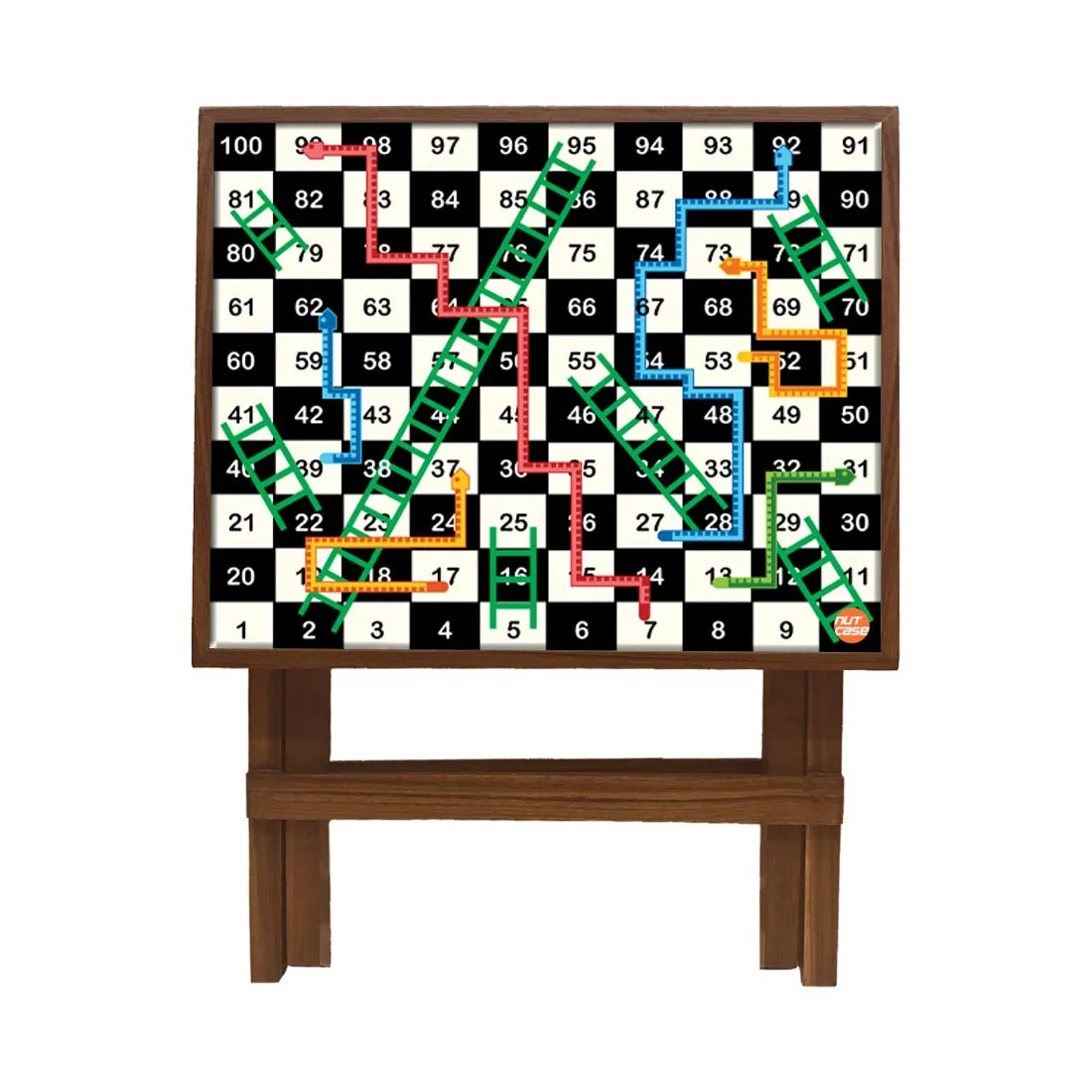 Nutcase Designer Teak Wood Side Table Folding Wooden Bedside Coffee Outdoor Picnic Table - Snakes and Ladder Board Game