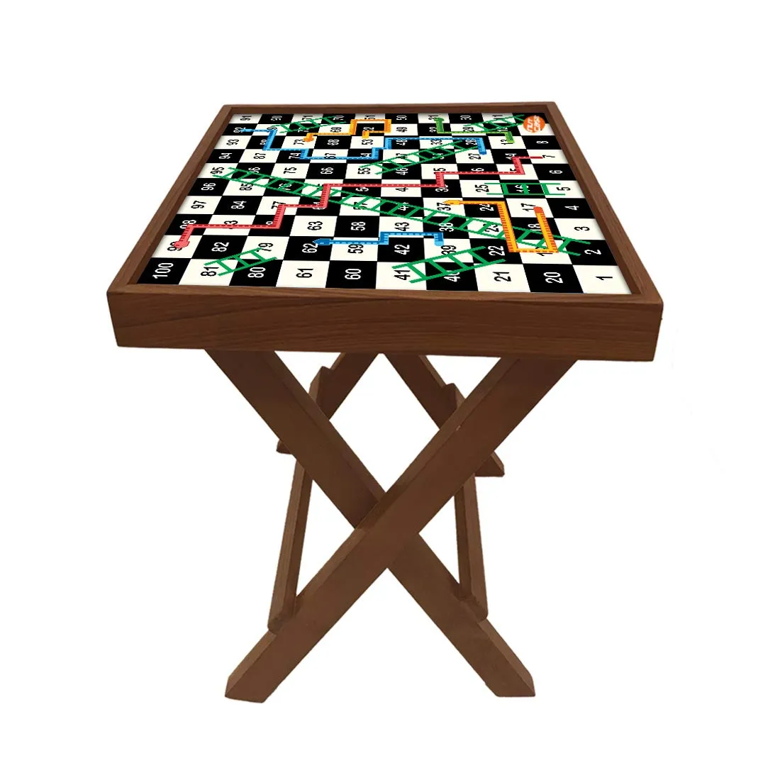 Nutcase Designer Teak Wood Side Table Folding Wooden Bedside Coffee Outdoor Picnic Table - Snakes and Ladder Board Game