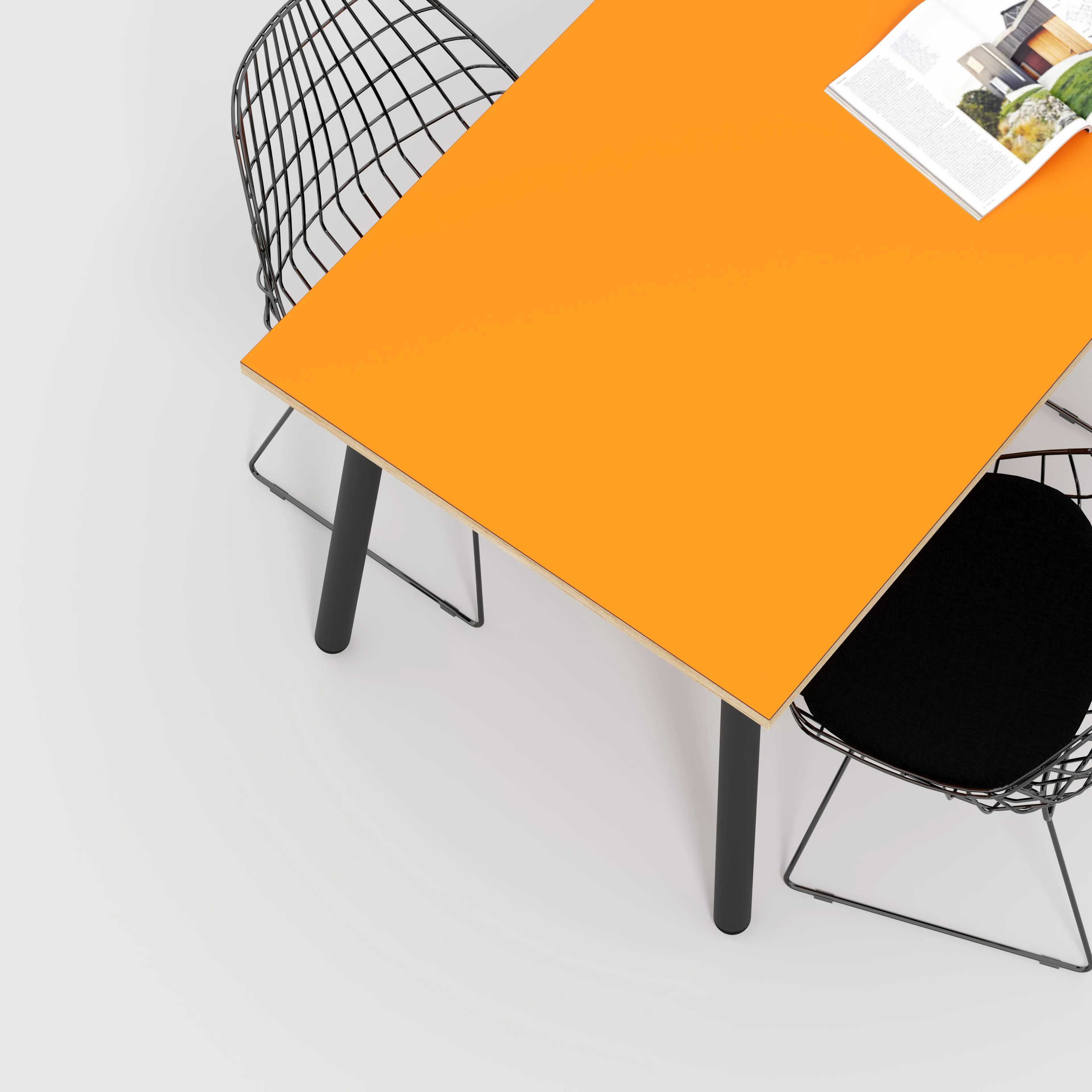 Plywood Table with Black Round Single Pin Legs - Formica Levante Orange - 1600(w) x 800(d) x 735(h)
