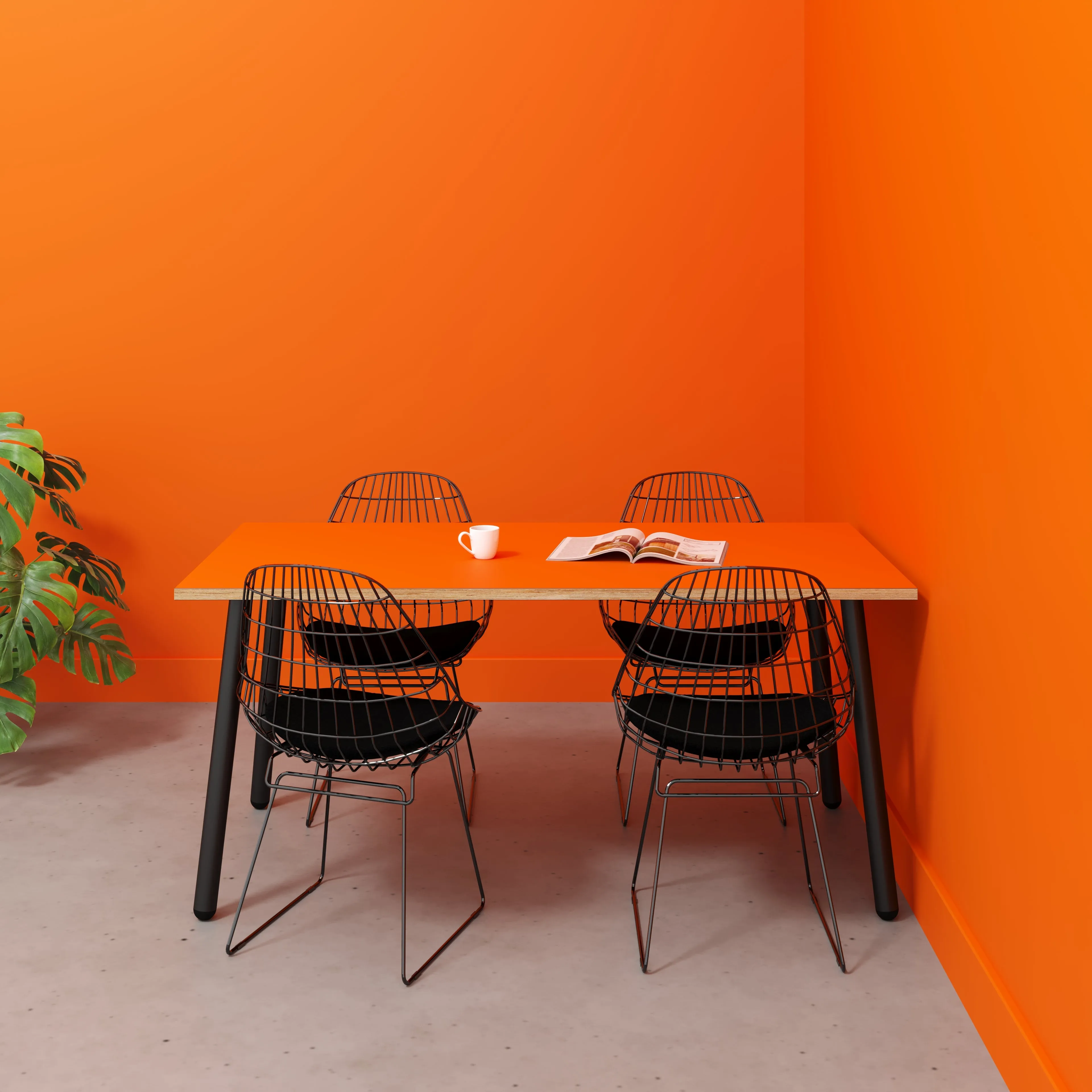 Plywood Table with Black Round Single Pin Legs - Formica Levante Orange - 1600(w) x 800(d) x 735(h)