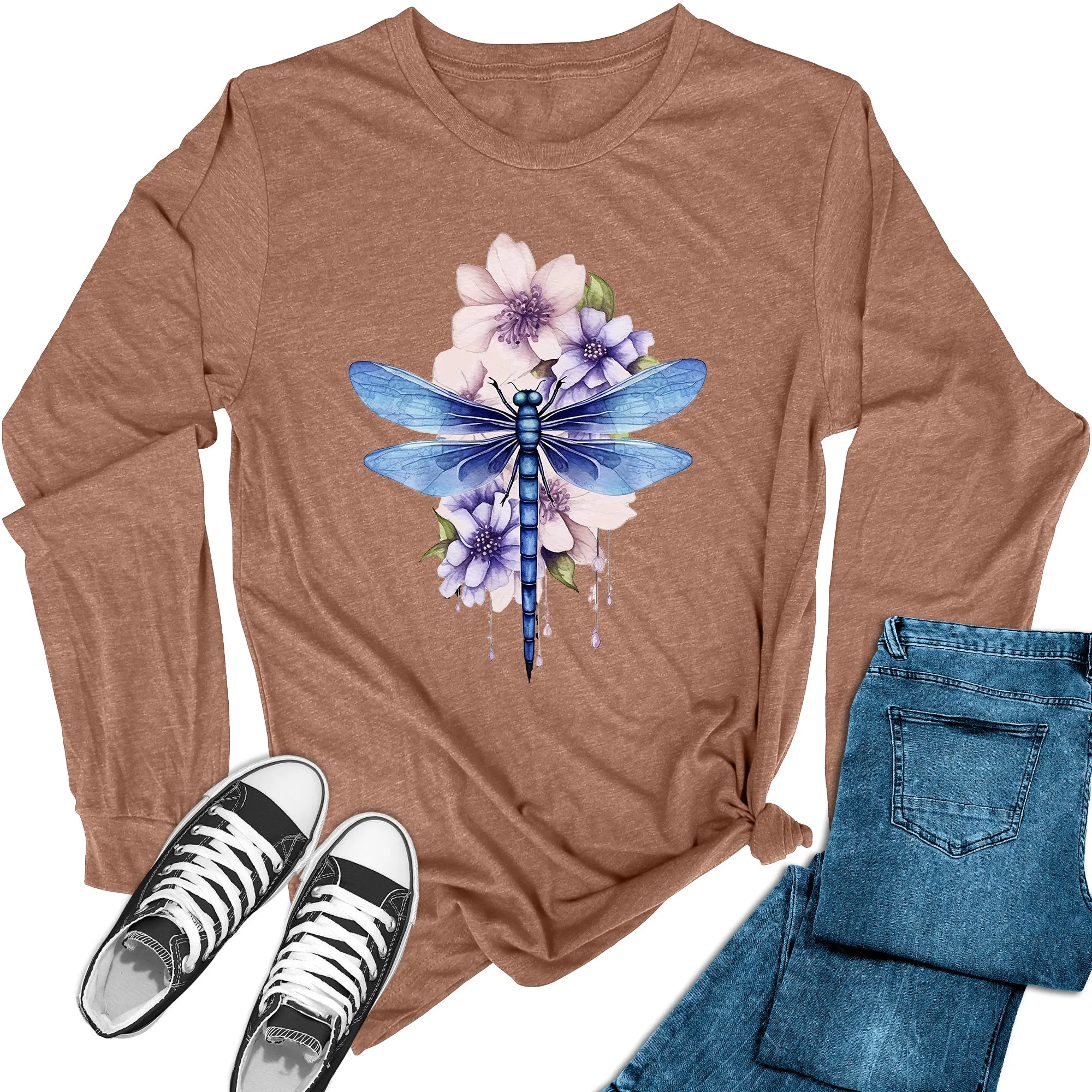 Women's Dragonfly Flowers Long Sleeve Graphic Tees